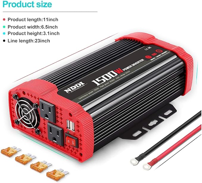 1500W Car Power Inverter 12V DC to 110V AC Car Converter Charger Adapter with Dual 3.1A USB Port and AC Outlets Quick Charging