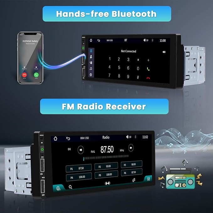 6.9 Inch Single Din Car Stereo with Carplay Android Auto, HD Touchscreen with Bluetooth FM Radio EQ SWC Dual USB Port with Backup Camera MIC MP5 Player Car Audio Receiver