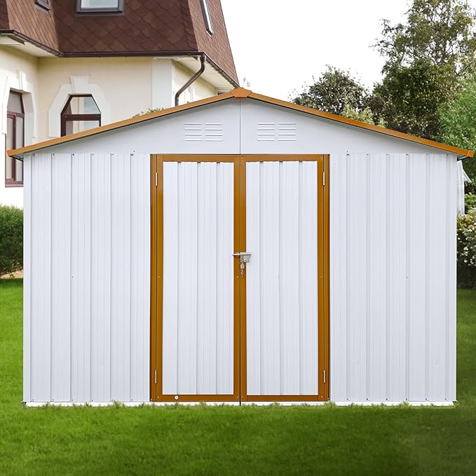 12 x 10 FT Metal Garden Shed, Outdoor Storage Shed with Heavy-Duty Steel Construction, Built-in Punched Vents & Hinged Door, Free Padlock for Secure Backyard, Patio & Garage Storage, White + Yellow