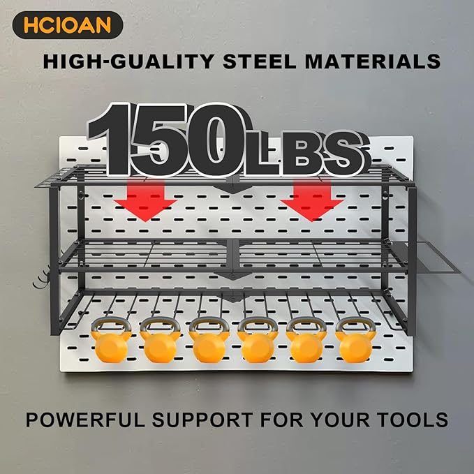 Large Power Tool Organizer Wall Mount, Power Tool Shelf System Battery Storage with 8 Cordless Drill Holder，3 Layers Heavy Duty Metal Loads 450lbs，Utility Racks for Garage Workshop