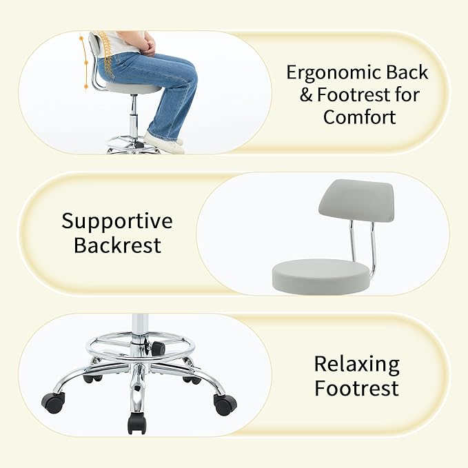 Rolling Massage Chair, Height Adjustable Salon Stool with Wheels 19.5’’-26.6’’, Gray Guitar Stool (Gray)