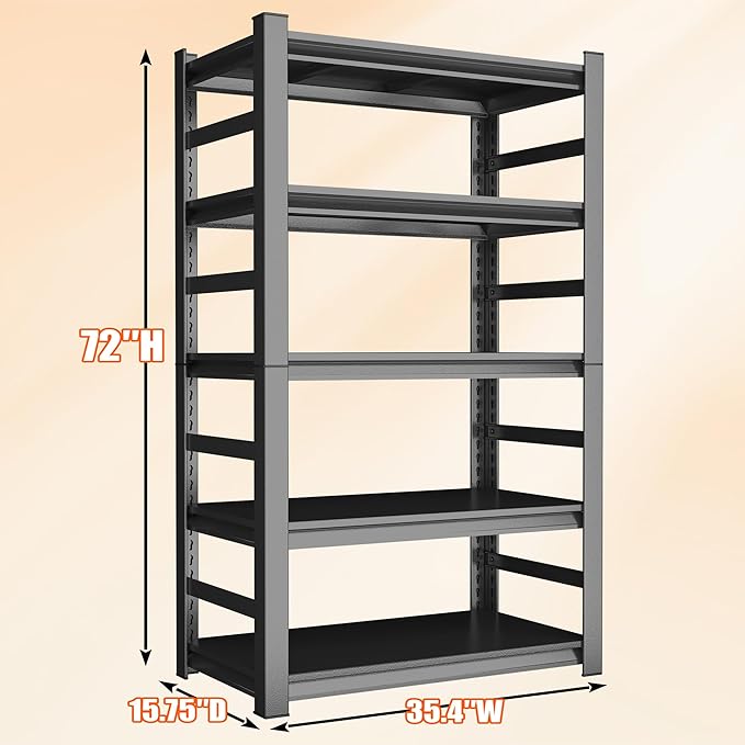 72"H Garage Shelving Heavy Duty Rack, 3500 LBS Large Capacity 5 Tier Adjustable Storage Shelves, Metal Industrial Shelf Units for Garage, Basement and Warehouse, 72"H×35.4"W×15.75"D, Black