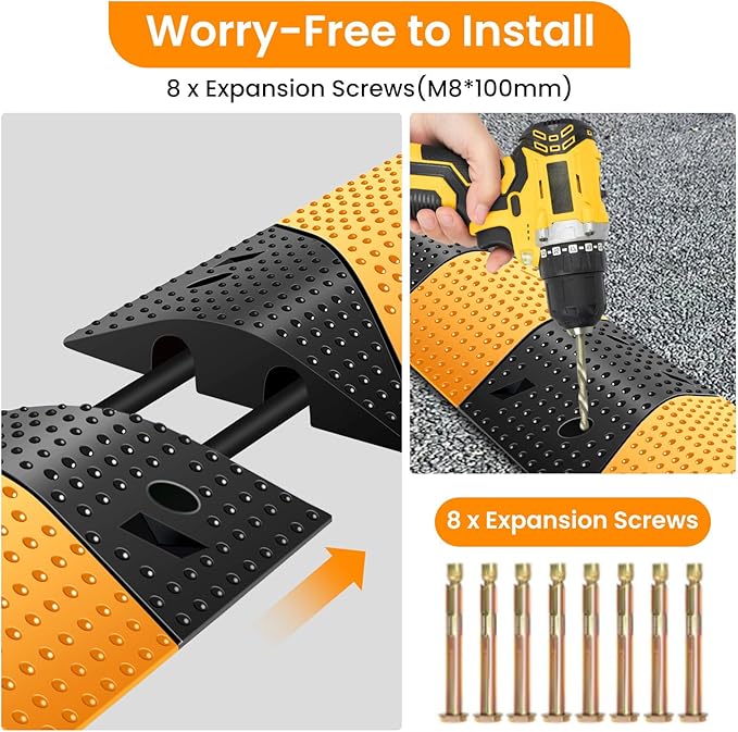 Rubber Speed Bumps for Road [2 pcs],78.7'' Total Long,66000 LBS Load Capacity,2 Channel Modular Heavy Duty Bump,Cable Protector Ramp with 8 Expansion Screws,for Asphalt Concrete Gravel Driveway