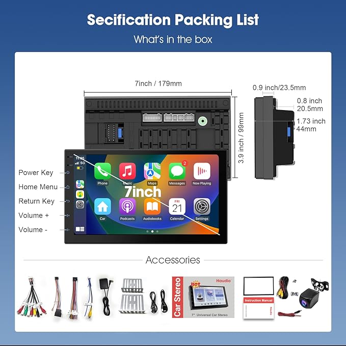 Wireless CarPlay Screen for Car & Android Auto Head Unit - Touchscreen 7 Inch Double Din Car Stereo with Backup Camera for All Cars(2+64GB)