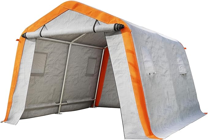 AMERLIFE 10.5x12x8 FT Heavy Duty Portable Shed Storage Shelter, Outdoor Storage Shed with 4 Waterproof Windows & Roll-up Zipper Door, Carport for Motorcycle, Bike, Grey