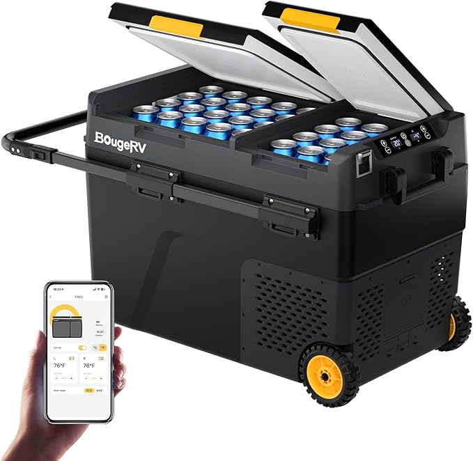 BougeRV 12 Volt Car Refrigerator, CRD2 52 Quart Portable Fridge Freezer with APP Control, -4℉ to 68℉ Dual Zone Compressor Electric Cooler 12/24V DC, 110~240V AC for Overlanding, Camping, RV, Truck
