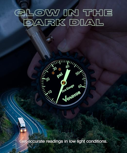 Tire Pressure Gauge - (0-60 PSI) Heavy Duty, Certified ANSI Accurate with Large 2 Inch Easy to Read Glow Dial, Low - High Air Pressure Gauge. Tire Gauge for Car and Trucks Tires by Vondior