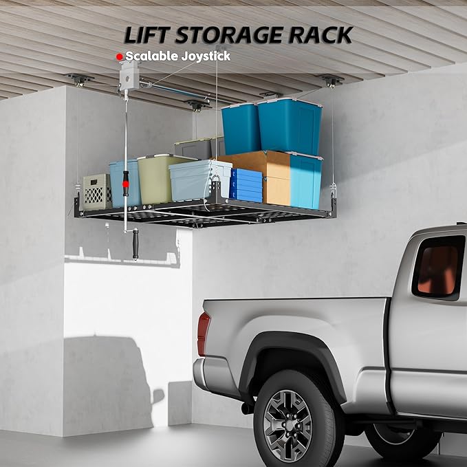 4x4FT Ceiling Storage Racks Lift,Overhead Garage Storage Rack,Adjustable Organization System,Workshops or Basements(Black)