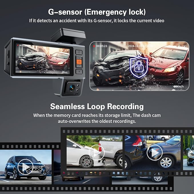 4K Dash Cam Front and Rear and Inside, UHD 2160P Night Vision 3 Channel Dash Camera for Cars, 3.16'' IPS Screen Dual Dashcam with Speed Recording, App Control,24H Parking Mode,G-Sensor