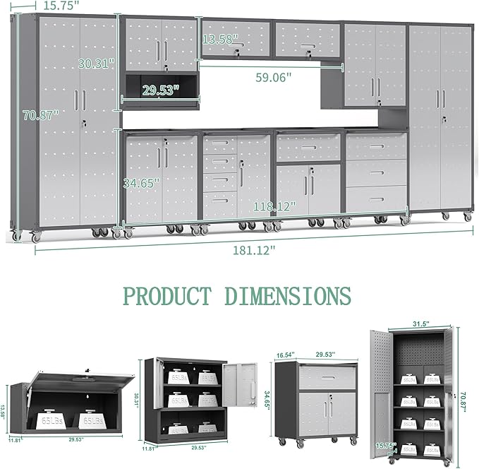 Metal Tool Cabinet,Garage Storage Cabinet System,Wall Cabinet & Locking Rolling Tool Cabinet with Doors and Adjustable Shelves,Steel Tool Cabinets for Home,Office (10 Pcs-StyleA, Black & Grey)