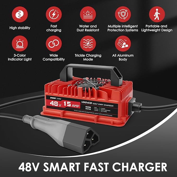 15 AMP Golf Cart Charger for 48 Volt EZGO RXV & TXT with 3 Pin Triangular Plug-Lead Acid Battery