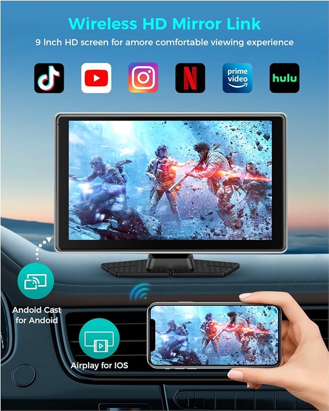 Wireless Carplay with 4K Dash Cam, 9" Portable Carplay Screen for Car, Apple Carplay & Android Auto Car Satellite Radio with 1080P Backup Camera, GPS Navigation/Mirror Link/Voice Control/Bluetooth