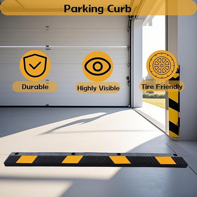Heavy-Duty Parking Curb Wheel Stop - Driveway Vehicle Stopper for Cars, Trucks & RVs - Durable Rubber Car Barrier with Reflective Strip - Garage & Parking Lot Safety Curb Ramp (72" - 2Pack)