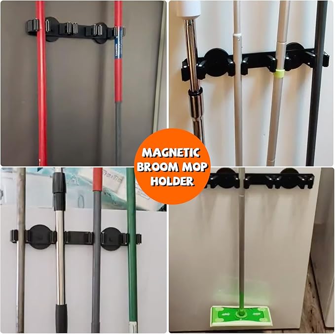 Magnetic Broom Holder Rack,Strong Magnetic Mount Mop Holder 4 Racks for Cleaning Tools,Non-slip Magnetic Tool Holder Broom Hooks for Apartment RV Camper Garage Kitchen