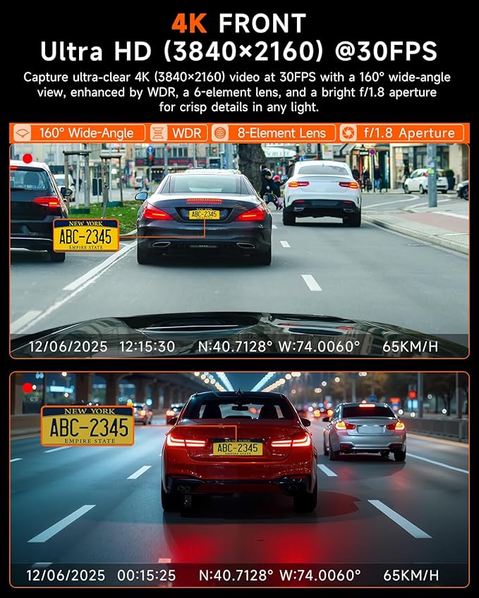 4K Dash Cam Front and Inside, 360 Camera for Car 2-Channel Dashcam 160°+185° Ultra Wide Angle, 4K/2.5K WDR, IR Night Vision, WiFi & APP Control, GPS, G-Sensor, 64GB Card, GT820 Black