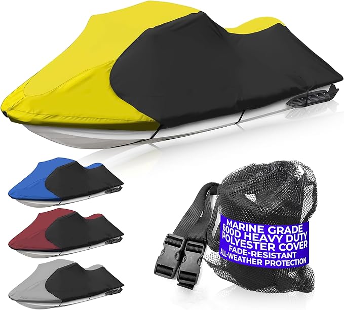 Trailerable Jet Ski Cover, Waterproof Marine Grade 600D Heavy Duty Polyester PWC Cover Yellow/Black Color Fits Stand-up Jet Ski