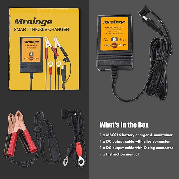 MBC016, 6V / 12V 1A Fully Automatic Trickle Battery Charger/Maintainer for Automotive Vehicle Motorcycle Lawn Mower ATV RV Powersport Boat, Sealed Deep-Cycle AGM Gel Cell Lead Acid Batteries