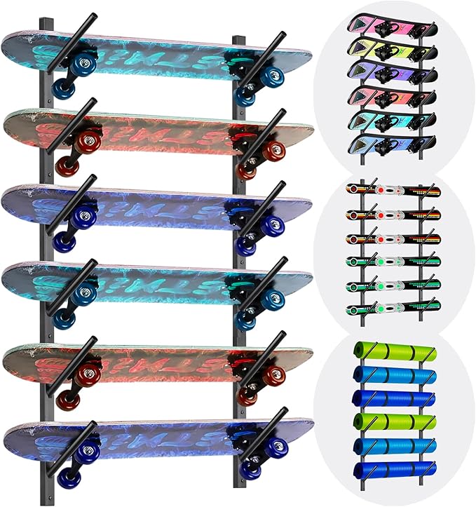 Skateboard Rack Wall Mount – Skateboard Wall Hanger, Snowboard Display Wall Mount, Ski Holder | 6-Floor Skateboard & Ski & Snowboard Storage Rack | Snowboard & Ski Lover Gifts