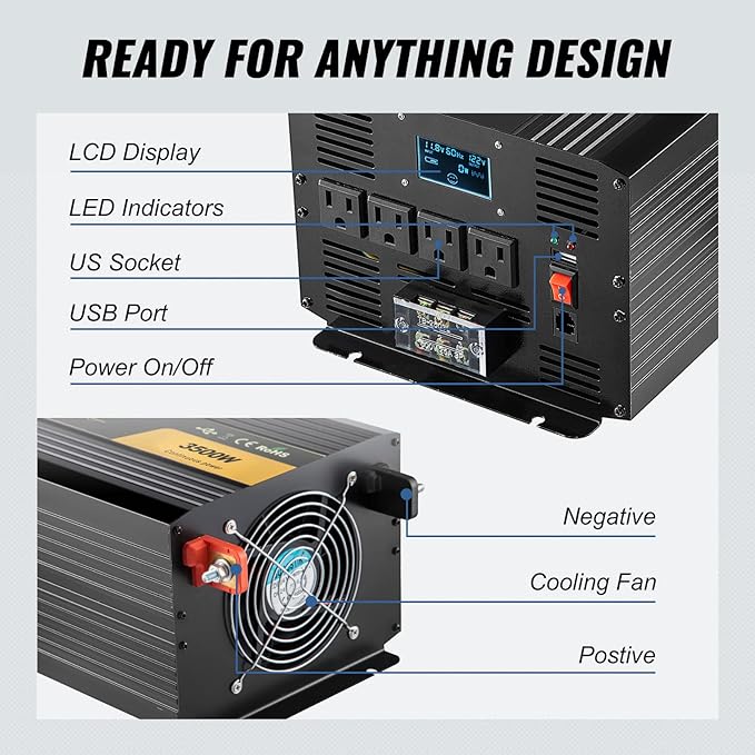 VEVOR Pure Sine Wave Inverter 3500 Watt Power Inverter, DC 12V to AC 120V Car Inverter, with USB Port LCD Display Remote Controller and AC Outlets (GFCI), for RV Truck Car Solar System Travel Camping