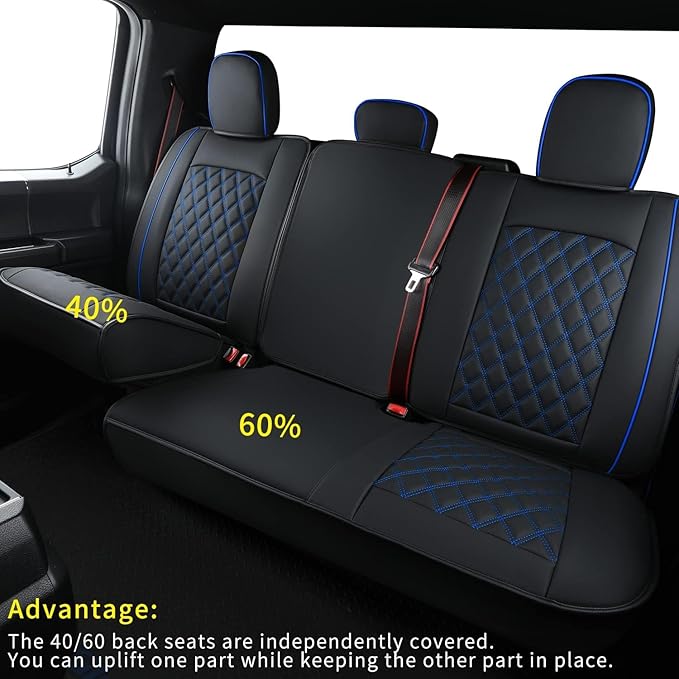 LUCKYMAN CLUB F150 Faux Leather Seat Covers Fit for 2015-2024 2025 F150 SuperCrew and 2017-2024 2025 F250 F350 F450 Super Duty Crew Cab Pickup Trucks(Full Set, Black&Blue)