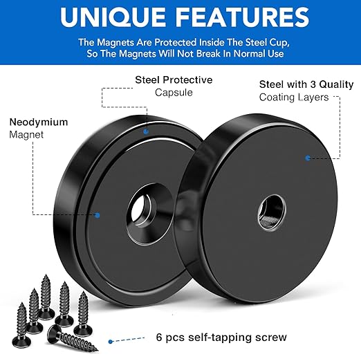 MIKEDE Heavy Duty Magnets with Hole, 150LB Strong Magnets, Black Pot Magnet with Screw for Wall Mounting, Rare Earth Magnet Round Base Cup Magnet for Holding Tools Lifting, Door - 6 Pack