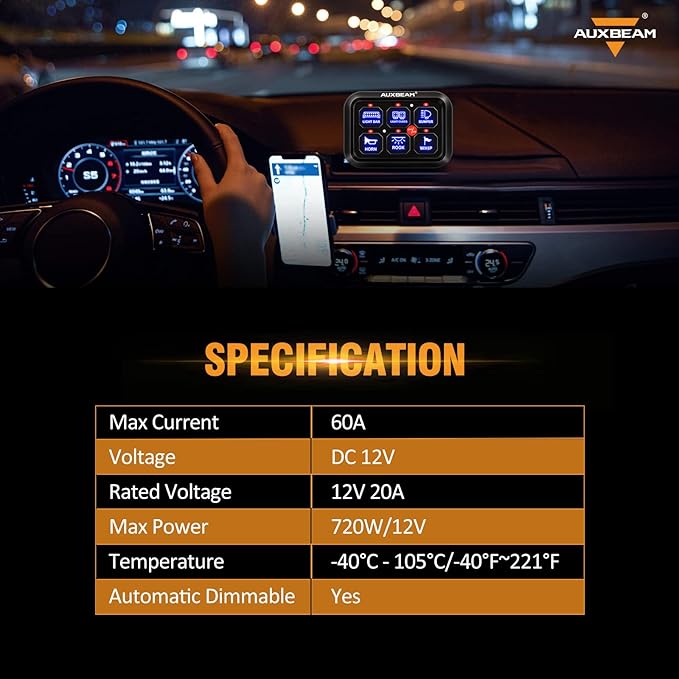 Auxbeam 6 Gang Switch Panel BC60, Universal Circuit Control Relay System Box with Automatic Dimmable On-Off LED Switch Pod Touch Switch Box for Car Pickup Truck UTV ATV Boat, 2 Years Warranty, Blue