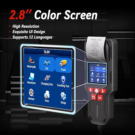 KONNWEI Car Battery Tester with Printer, Automotive 12V 24V Battery Load Tester Cranking and Charging Test 10-2000CCA Battery Analyzer Alternator Tester for Car Truck Motorcycle (Paper Included)
