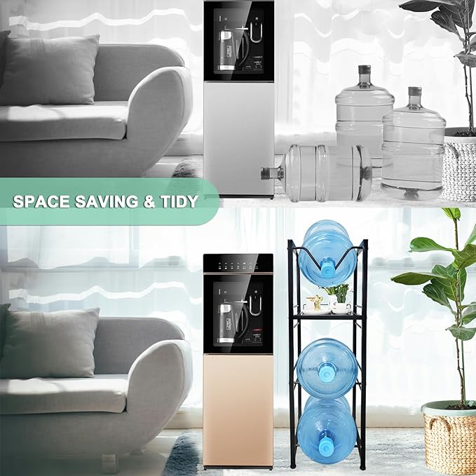 5 Gallon Water Jug Holder with 3-Tier Storage Shelves - Heavy Duty Stand with Fast Flow Spout - Fits 55mm Water Bottle - For Kitchen, Living Room, Office - Black