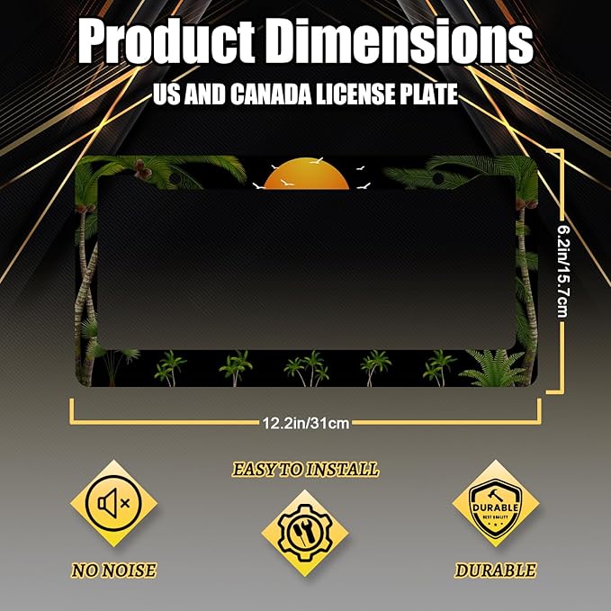 Palm Trees Sunset License Plate Frame Tropical Plants License Plate Holder Stainless Steel Front and Rear Car Tags Auto Parts Colorful License Plate Men Women Decoration with Screws 12.2" x6.2"