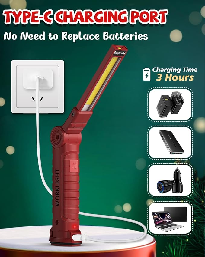 Coquimbo Tools Gifts for Men Dad Husband, Rechargeable LED Work Light Grill Light Magnetic Flashlight with Hanging Hook 5 Modes 360° Rotate Birthday Gifts for Him Grandpa (2 Pack Red)