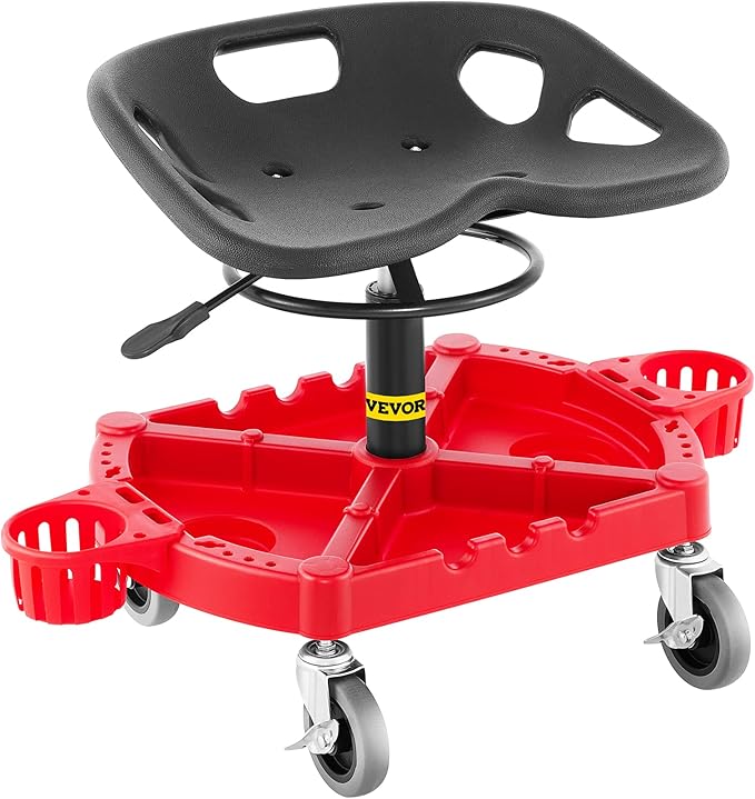 VEVOR Rolling Garage Stool, 300LBS Capacity, Adjustable Height from 18 in to 23 in, 360-degree Swivel Wheels (4"), Large Tool Tray with Two Bottle Holder, for Workshop, Auto Repair Shop, Red