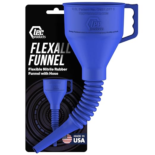 FlexAll Long Flexible Funnel for Automotive Use - Durable Nitrile Rubber - Ideal for Car Oil Change, Transmission Funnel Fluid, Diesel, Fuel, Gas - Made in USA - Blue (12 x 4 Inches)