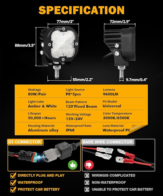 Auxbeam XP-Ultra Series 3 Inch Flood Beam LED Pods, 9600LM White Offroad Driving Lights 120° Wide Flood Lights 80W Fog Ditch Light Bar with White Amber Light Covers, Pair