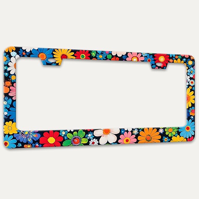 Colorful Flowers Print License Plate Frame Beautiful Floral License Plate Holders Funny Stainless Steel Auto Accessory Bracket 2 Hole with Screws Universal Us Car License Plate Frames 6x12 Inch
