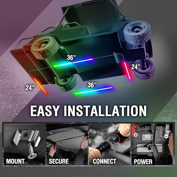 OPT7 Aura DreamColor Underglow Chasing Lights for Golf Cart w/APP & Remote Control, Waterproof Rigid Aluminum Light Bar, Decorative RGB-IC Car LED Lighting Kit, EZGO Yamaha Club Car Universal Fit