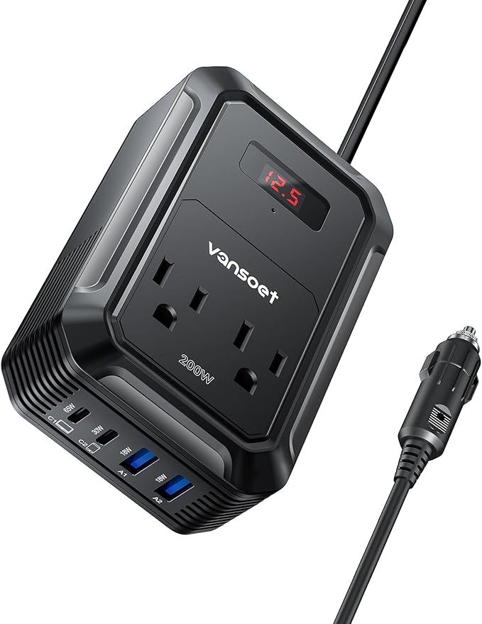 200W Car Power Inverter DC 12V to 110V AC Inverter with PD 65W/30W USB C & 2 QC 18W USB Ports & 2 AC Outlets,Car Pluɡ Adapter Outlet for Laptop/Phone/Road Trip