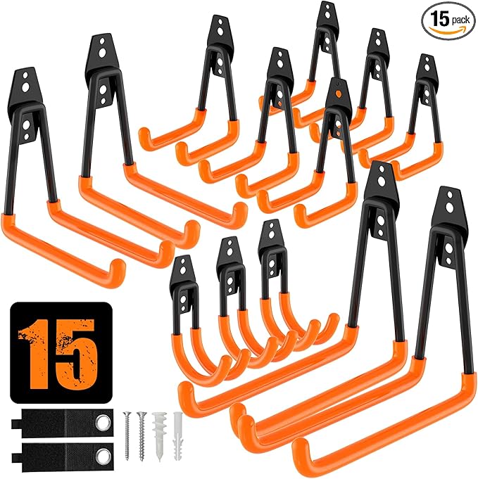 QcoQce 15 Pack Garage Hooks Heavy Duty with 2 Extension Cord Straps,Garage Storage Hooks, Wall Mount Hooks, Garage Organization and Tool Hangers for Bike, Ladder, Ropes and Garden Tools(Orange)