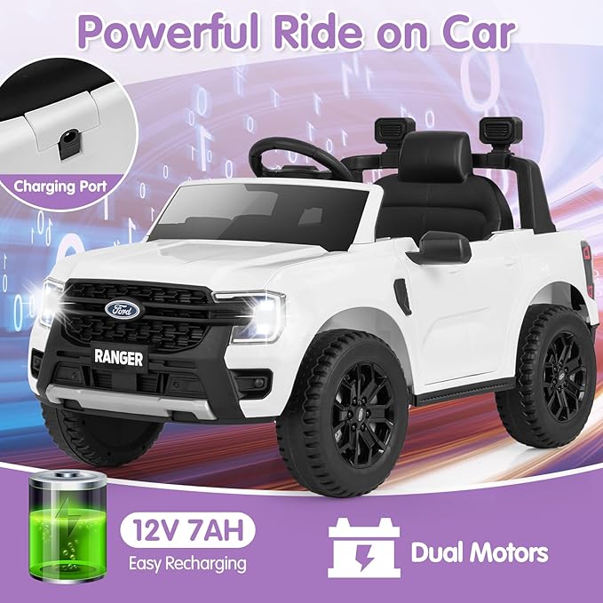 HONEY JOY Ride On Car, 12V Licensed Ford Ranger Electric Vehicle for Kids, Spring Suspension, Music & 3 Speeds, Horn, LED Lights, Battery Powered Ride On Toy with Remote Control(White)