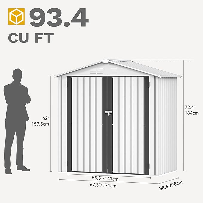 DWVO 6x4ft Storage Shed for Outdoors, Metal Sturdy Weatherproof Tool Locker with Secure Door and Ventilation for Equipment, Mowers, Bikes, Outdoor Spaces, White