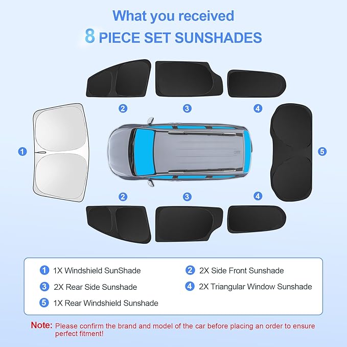 8pcs Car Window Shades for Chrysler Pacifica 2017-2025 Accessories,Windshield Side Rear Full Sunshade,Sun Visor UV Blocking, Privacy Protection and Blackout for Camping Outdoor