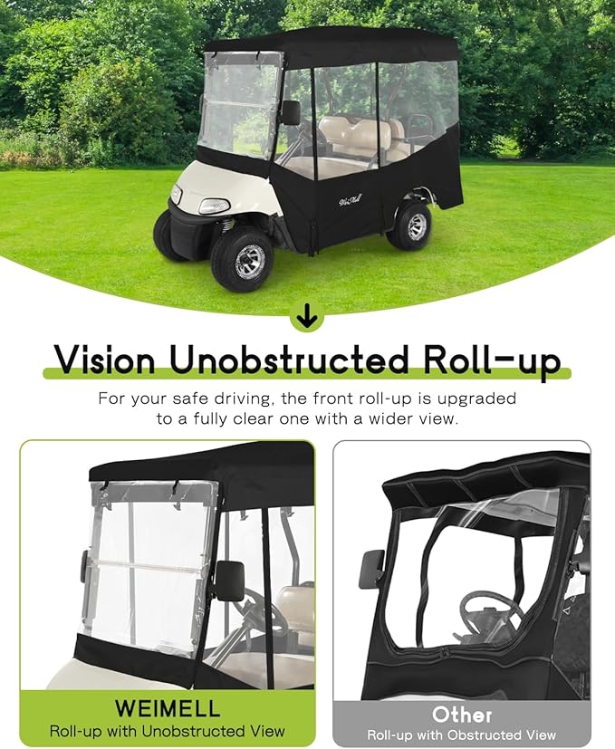 Golf Cart Enclosure 4 Passenger for EZGO RXV 2+2 Enclosure Waterproof Windproof Driving Rain Cover Fit 4-Seater Long Roof with 4-Sided Clear Windows Mirror Openings Roll-up Zipper Door Black
