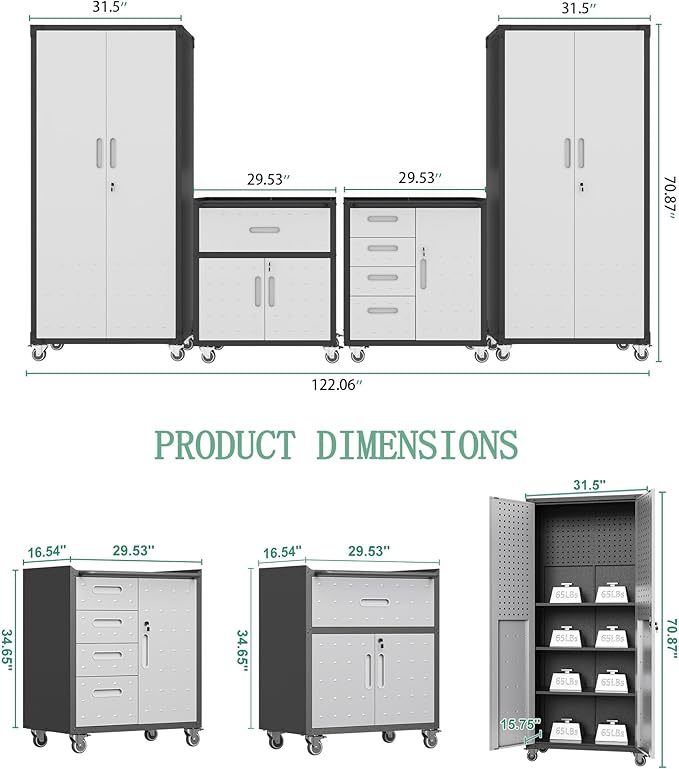 Metal Tool Cabinet,Garage Storage Cabinet System,Wall Cabinet & Locking Rolling Tool Cabinet with Doors and Adjustable Shelves,Steel Tool Cabinets for Home,Office (4 Pcs-StyleB, Black & Grey)