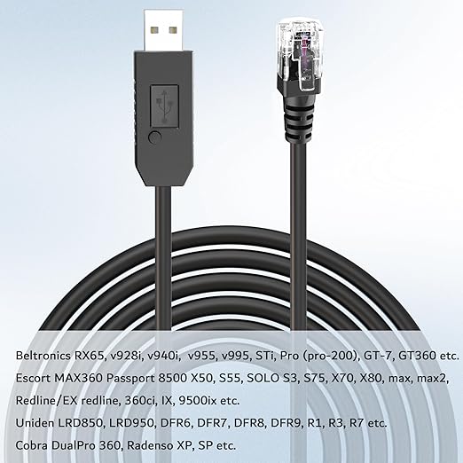 Radar Detector Cable, USB to RJ11 Plug Power Cord with Mute Function,Replacement Power Cable,for Escort Smart MAX 360 Passport Cobra 360 Unide R1/3/4/DFR8/9 Radenso XP etc Radar Detector.