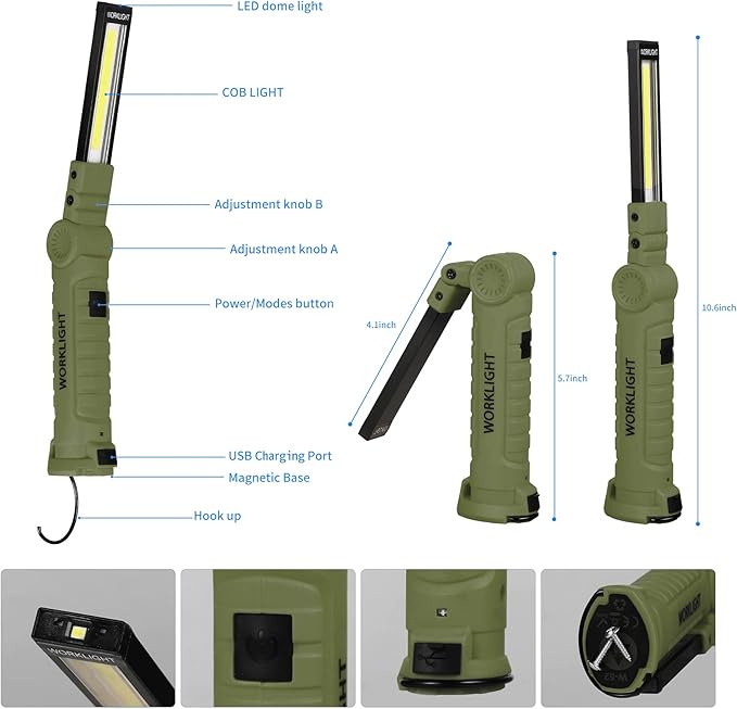 Suranew LED Worklight Flashlight, COB Rechargeable Work Lights with Magnetic Base 360 Degree Rotate and 5 Modes Portable Flood Light Inspection Construction Light for Car Repair (Army Green, 2 Pack)