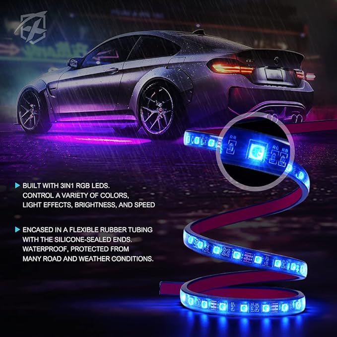 Xprite 8Pcs Car RGB LED Strip Lights, Exterior Underglow & Interior Bluetooth Lights Kit, APP Control & Wireless Remote, Music Sync, Underbody Inside Neon Ambient Lighting Strips for Cars SUV Truck