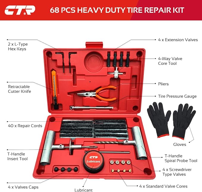 CTR Heavy Duty Tire Plug Kit - 68pcs All-in-One Universal Tire Repair Kit with Plugs, Professional Tools for Tubeless Tyre Flats for Cars, Truck, RV, SUV, ATV, Motorcycle, Tractor, Trailer - GE0001