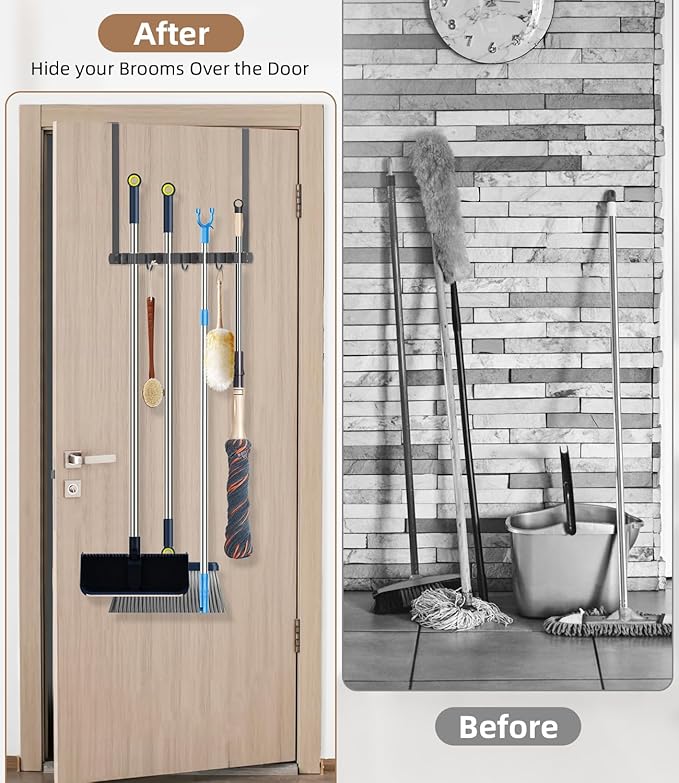 Broom Holder Over The Door-304 Stainless Steel Mop and Broom Holder Wall Mounted or Hanging Over The Door with Hooks - Broom Hanger, Tool Organizer for Garage Closet Laundry Kitchen-Space grey