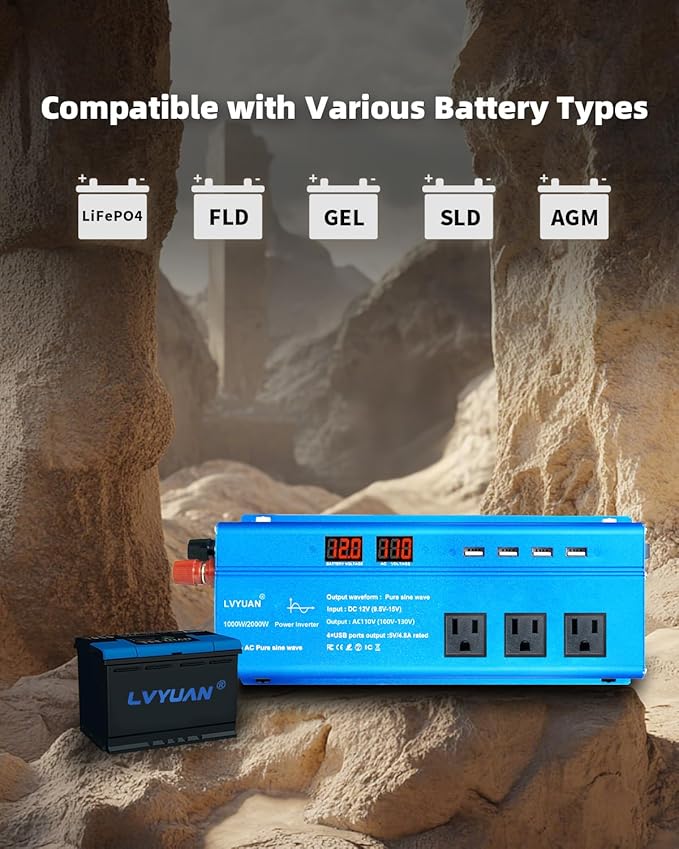 LVYUAN 1000 Watt Pure Sine Wave Inverter 12V to 110V 120V DC to AC with LED Display, 3 U.S. Outlet, USB Charger Ports, Car Power Inverter for Vehicles, RV, Outdoor, Home