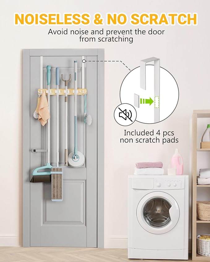 Lorbro Broom Holder Door Mount, Over the Door Broom and Mop Holder with 2 Over Door Hooks, Wood Broom Hanger, Tool Rack Organizer for Laundry, Garage, Closet, Kitchen Decor, 4 Slots & 4 Hooks Rustic