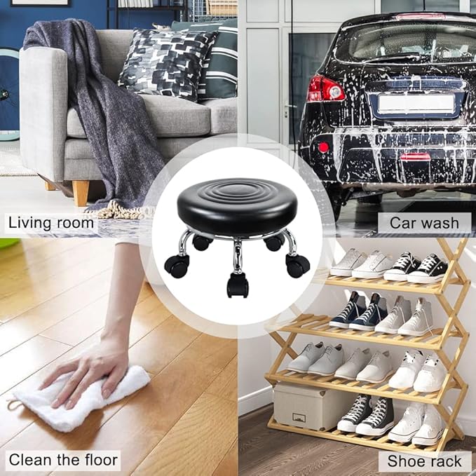 Modern Roller Seat PU Leather Low Round Rolling Stool 360 Swivel Small Stool with Universal Caster Wheels for Home Office, Garage, Shop, Fitness, Sport (H: 8.4' Black)